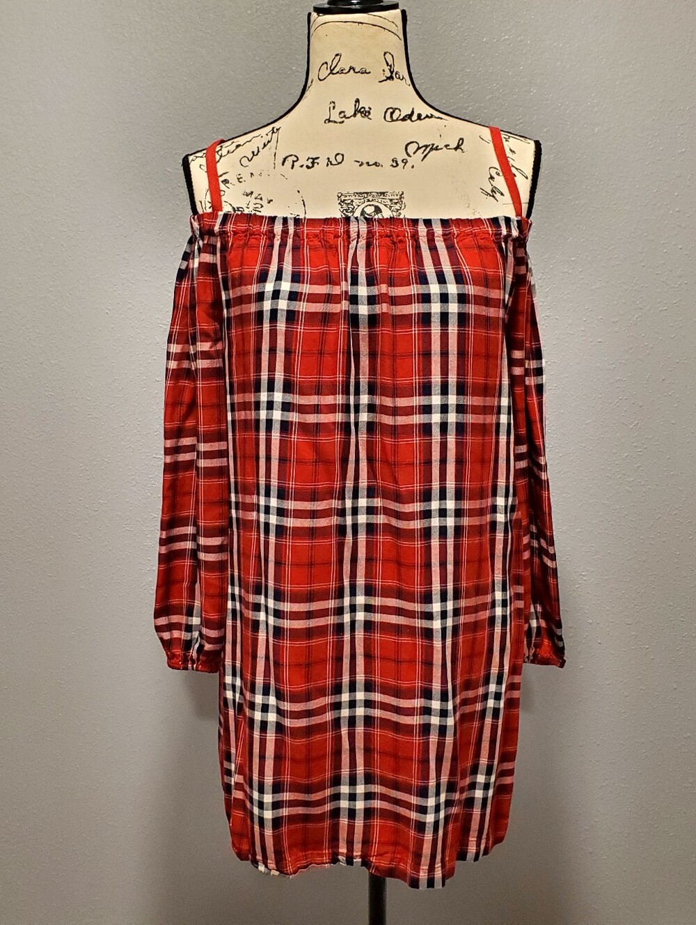 Chelsea & Theodore Red Plaid Off-Shoulder Mini Dress Size Small